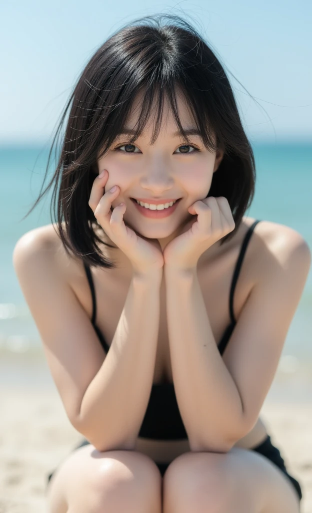 ((Highest quality)), ((masterpiece)), (detailed), One Girl, sexy,cute、Idol and cute、Well-formed face、Margao、Baby Face、Active gravure idol、Age 25、The best smile、length, Narrow eyes with delicate beauty.、Dynamic Shot,Dynamic pose,Dynamic pose, Perfect Face,Realistic Skin,Perfect hands, Big Breasts,valley 、Chubby、Plump、複雑なdetailed, Professional Lighting,、Lying down pose、Cover your face with your hands、Lie、entity、Capture detailed shots right down to your feet、short hair、Professional gravure shoot、Shooting while shaking breasts、head band、background、Ocean、Ocean岸、sandbox、Ocean水浴、Excited Idol、sexy、Sweat on the chest