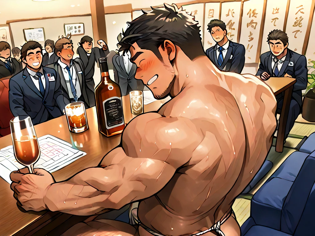 Full body depiction, men only, sexy, sensual, space full of hot air and steam, dimly lit luxury club, haze does not show the background well, luxury casino, squats on table, slot machine, roulette, game table, gambling, strip, large playroom, party, playboy bunny, rabbit ears, white cuffs on wrist, black bow tie, bunny boy, mega muscle, Hyper muscle, masculine appearance, mature male, handsome, underwear only, shirtless, no pants, beautiful muscles, complex and elegant, highly detailed digital painting, anime style art, art station, concept art, top quality, masterpiece, ultra high definition, detailed background, realistic figure, muscular man, beard, muscle, facial hair, volumetric lighting, depth of field, bend down, squats, show aside, smooth and sharp focus, illustration, art, string latex bikini, men's string latex bikini, men's string bikini, ass digging string, facial hair, trimmed hair, muscle, navel, muscle, male, gay, hyper muscle, male focus, muscle male, yaoi, muscle, buttocks, pectoral muscles, large pectoral muscles, thick quadriceps, thighs, Wet body, heat and steam emanating from the body, sweating, soaked, crotch, face down on white beach bed under striped parasol, big back, turning around, showing back, showing ass, upper class, bunny boy waiter, tropical drink, shiny oiled skin, glittering oiled skin, tanned skin, bubble ass, dog style, bunny boy waiter and guest guys