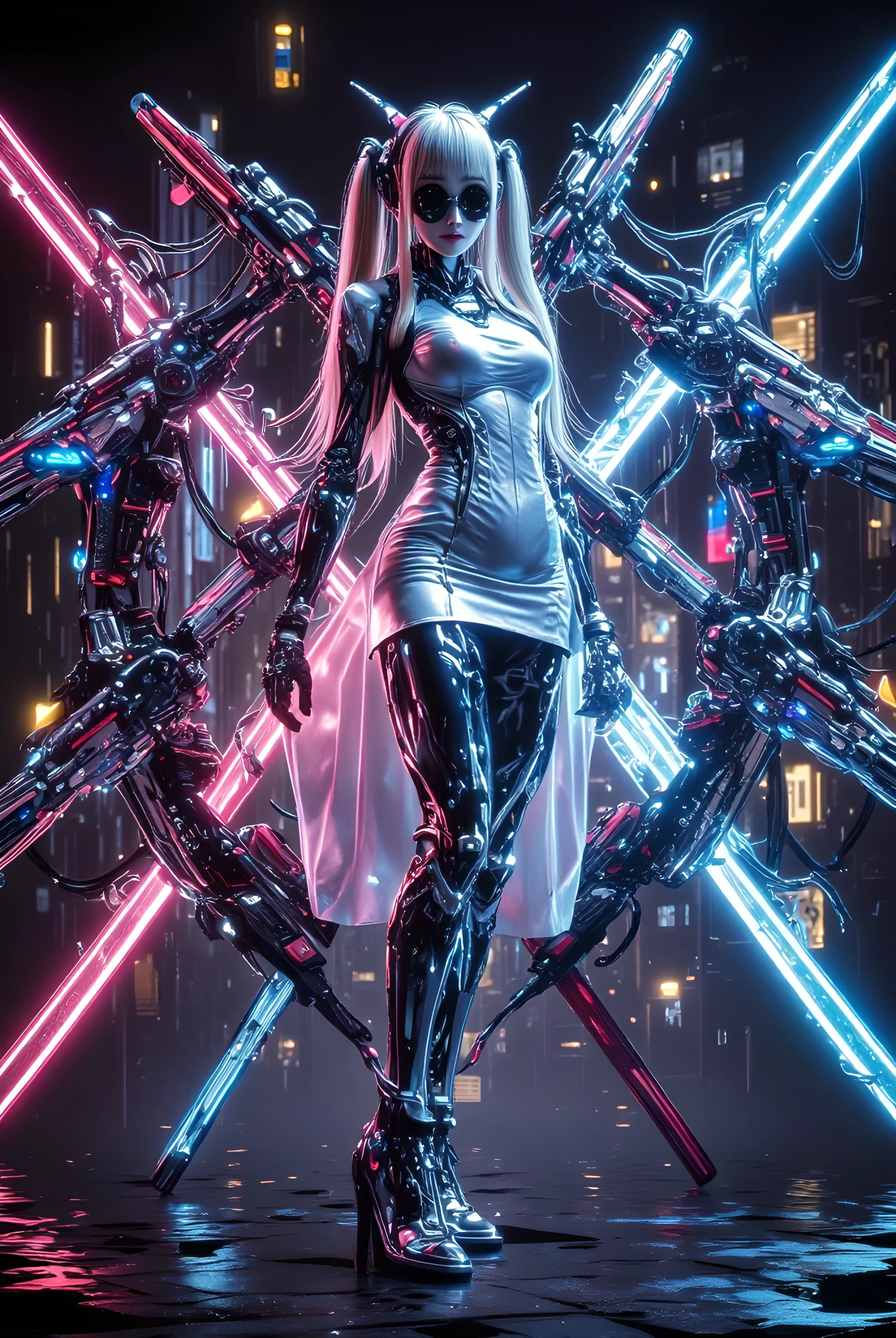 Ultra flat, Flat Shading), Honors Type, Really blushing, 17years old, high school girl, Twin ponytails, cyber mask Mouth, from above,(angry)(Smile)(Shine in a silver dress)MAGNACARTA(Kim Hyung-tae's character)((straight long hair:1.3))((very short hair,blunt bangs:1.3))(from behind:1.2)((futuristic mechanical jacket))((Glasses:1.1),Sweaty healthy body,Megastructure,((cyber punk))(SF body suit),(Bust up) (Side profile)mechanical headgear,futuristic mechanical headphones,(high heel long boots)Gun holder on the thigh,shed tears,ornament,weapon human,(clenched teeth)(Holding a big sci-fi rifle),Mecha_scifi