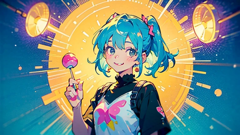 1 female, Light blue hair,　short hair、Happy,cute, animation style, kawaii, clearly, bubblegum pop, cute、Pink and light blue as main colors、eating omelet rice、Anime Style、colorful、Pop、colorful cyberpunk, 