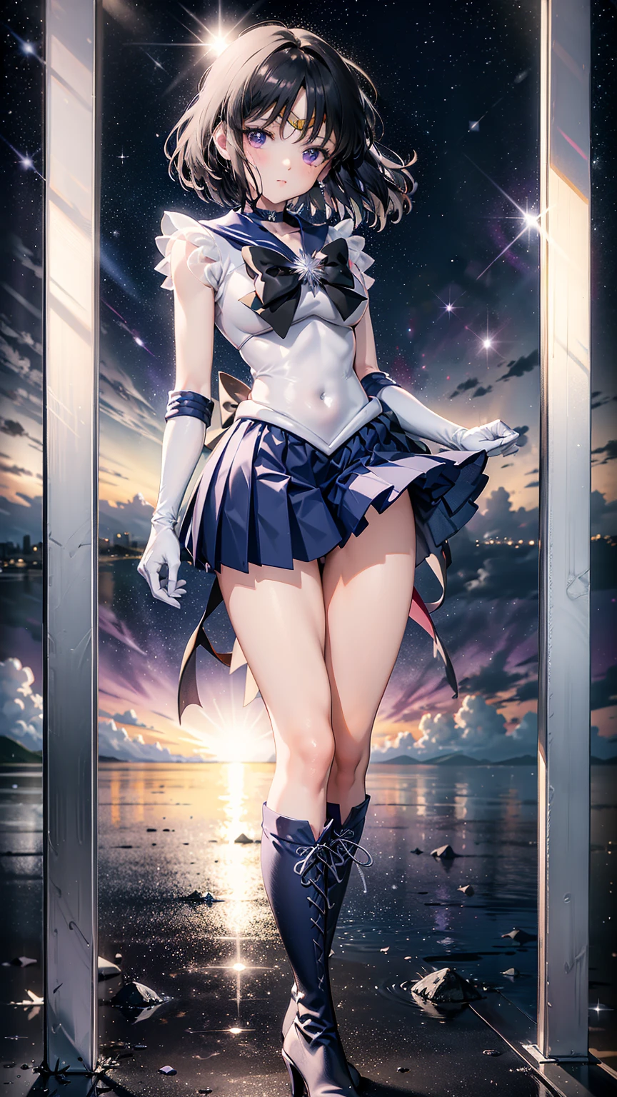masterpiece, Highest quality, 超A high resolution, (Realistic)、RAW Photos,(every time :1.2), Octane Rendering, Surreal:1.1, Mature Woman, (36 years old), Plump face:1.2, sexy, Highest quality, Very detailed,Very accurate, One Woman, ((Wearing a Sailor Mercury costume, X-shaped crucifixionに, Being restrained)), ((X-shaped crucifixion)), ((Stainless steel X-shaped cross stand, Geometric decoration)), (Detailed Sailor Mercury suit), ((Blue sailor collar, Mini pleated skirt in blue, Exposed thighs, Blue boots, Stiletto heels, Long gloves, choker, tiara)), (((Shiny latex costume))), Bright blue hair:1.3, Big eyes:1.2, eye make up:1.2, Large Breasts:1.1, Detailed eyes:1.4, Looking at the viewer:1.2, Night Sky, Big full moon, Nebula Sky, Pink and purple nebula,
