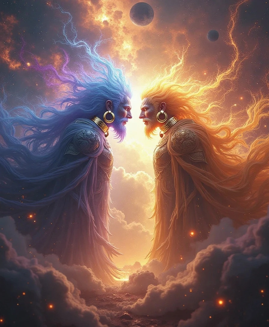 "Create an epic scene featuring two god-like mythical entities standing in a celestial realm. On one side, depict a majestic deity embodying the power of Yin. This entity should be surrounded by swirling shadows, dark mist, and ethereal, haunting elements. The deity's appearance should be calm and serene, with an aura of deep, inscrutable mystery.On the opposite side, illustrate another grand deity representing the power of Yang. This entity should be radiant, with a brilliant, golden aura and energetic, dynamic elements around it. The deity's form should exude strength, vitality, and an intense, fiery energy.In the center of the image, where the two deities meet, depict a striking boundary line, representing the balance between Yin and Yang. Include dramatic lighting and effects to highlight the contrast between the shadowy and luminous sides.The overall composition should convey a sense of immense power and the eternal struggle between the opposing forces of darkness and light."