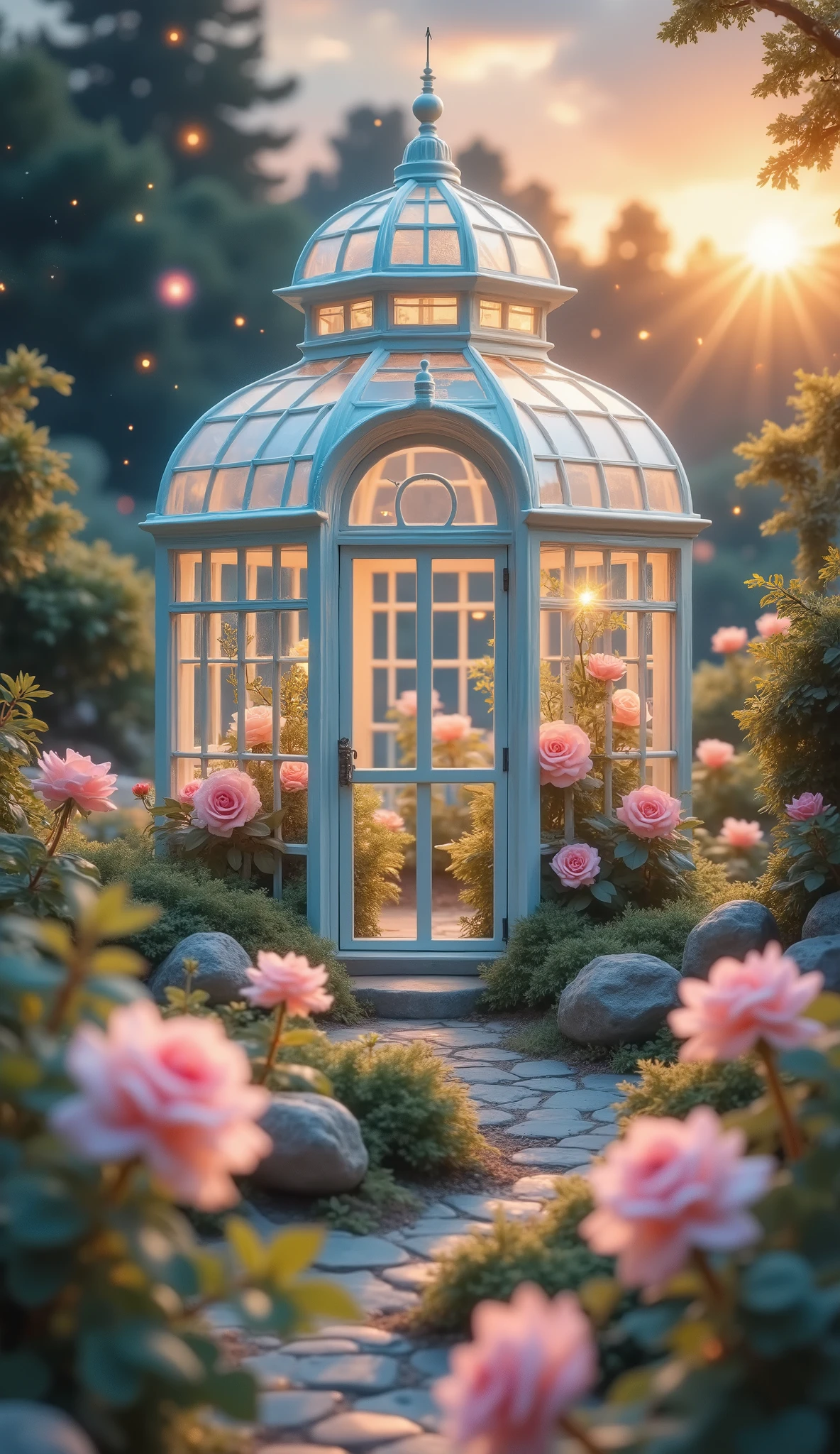 sunset,White and pink roses ,glass house,vintage
