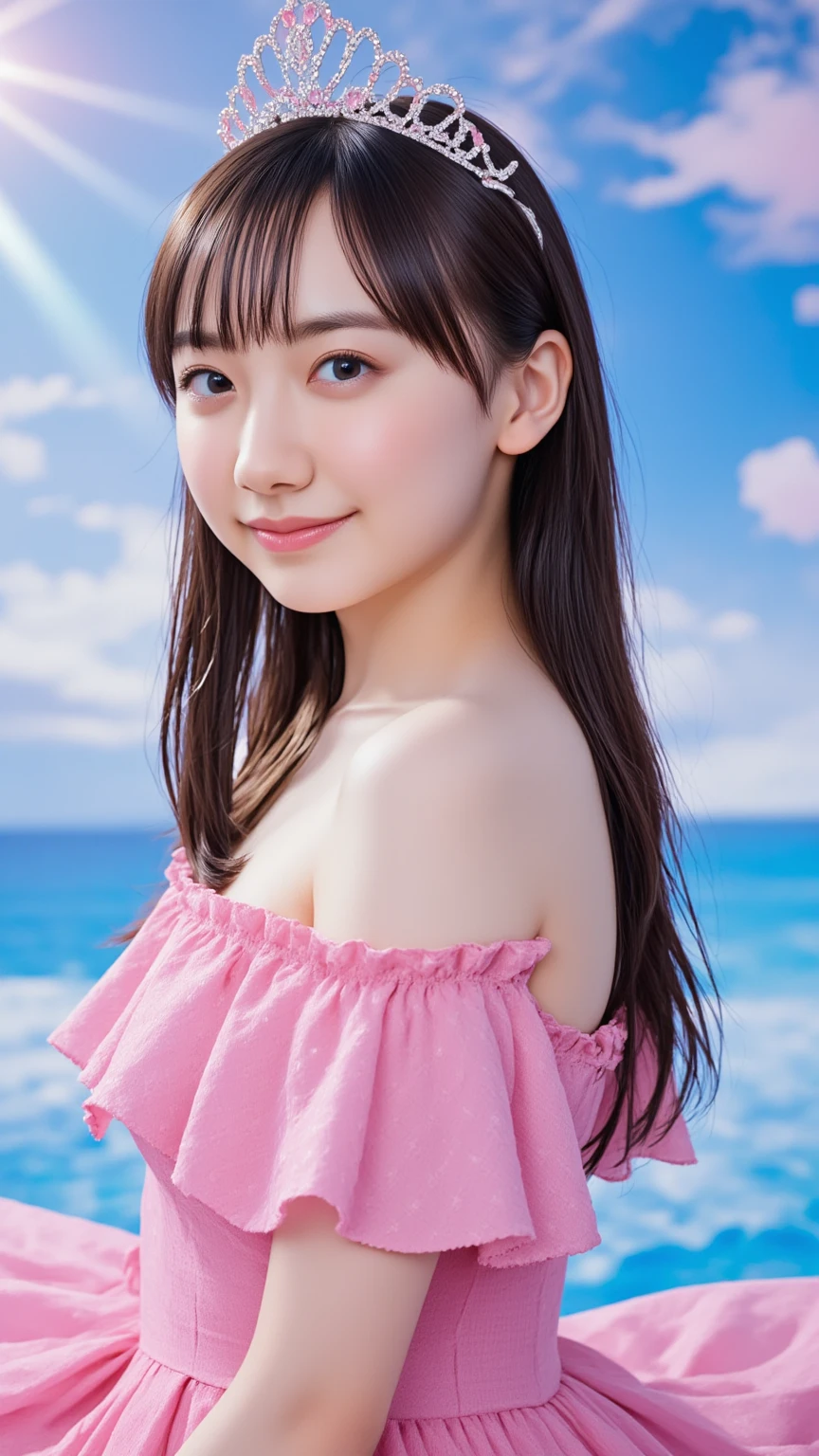 Top quality, one beautiful woman, summer fashion, at beach, smile