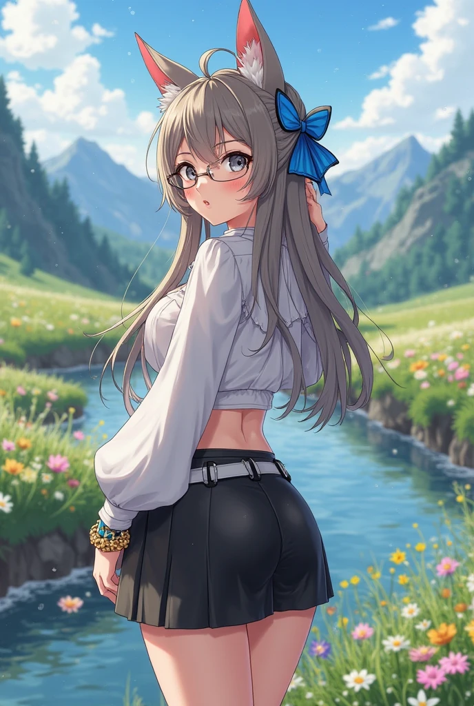 Transparent long hair、hime-cut、Golden Eyes、eye glasses、ssmile、Early teens girl、flat chest、Thin pubic hair、Beautiful open legs、flower  field