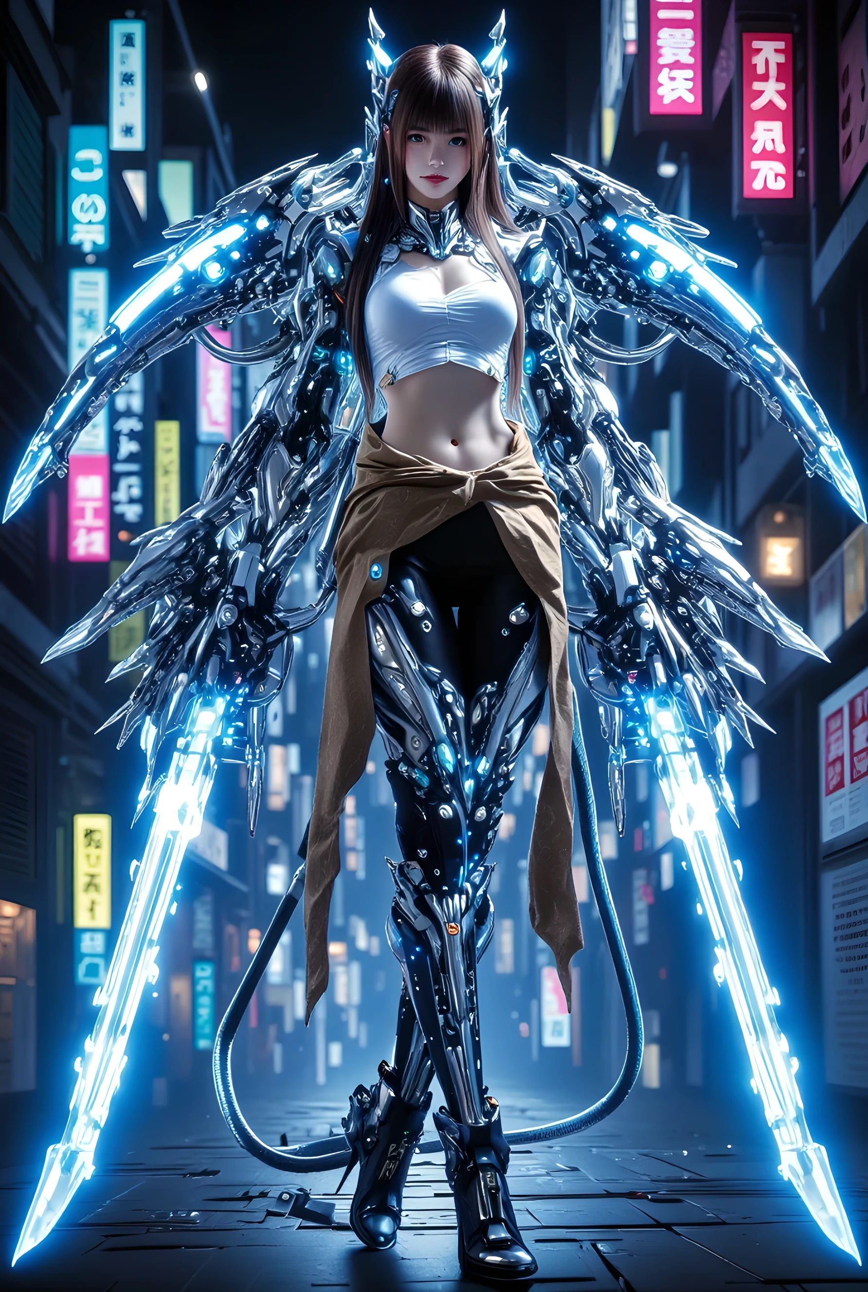 masterpiece, highly detailed, centered, Reference Material, character sheet, conceptart, (full body), PIXIV, {cyberpunk female character in a futuristic setting. She has long, sleek shiny brown hair with half bangs covering eye, striking 1 eye, and a confident expression. She wears a form-fitting white crop top, revealing toned abs, and a stylish long tattered sash brown. shimering metal pants and boot (not hi heels). Her gloves are intricately designed with a shimering metal mix of blue, black, and silver, featuring glowing blue gemstones embedded in join. The gloves have a high-tech, armored look, with mini double barel laser in futuristic patterns. She stand with crosing arm, and leg tiptoe behind ,Ultra HD, 4k image, CharaSheet, (CharacterSheet:1.1), (from side, front,) ,masterpiece,best quality,amazing quality,very aesthetic,absurdres,newest,korean mixed,kpop idol:1.2,EXOSUIT. Background rainbow neon city night