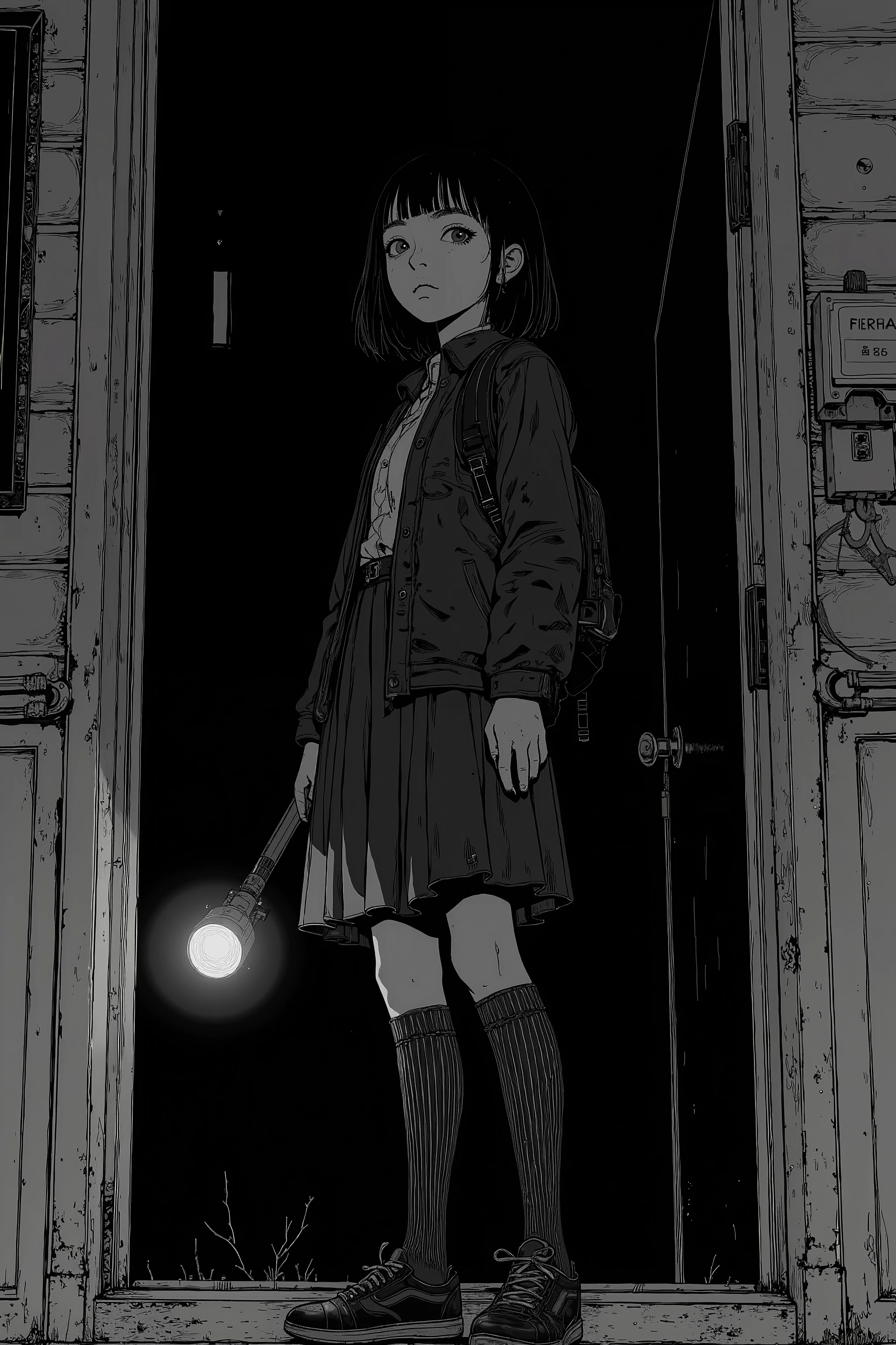 Silhouette of a Japanese high school girl holding a flashlight as shown in the black and white photo,Darkness、haunted house、scared,Vigilance、SVG vector art, 1024x1024、 vector SVG art , SVG illustration , SVG art , black and white vector art