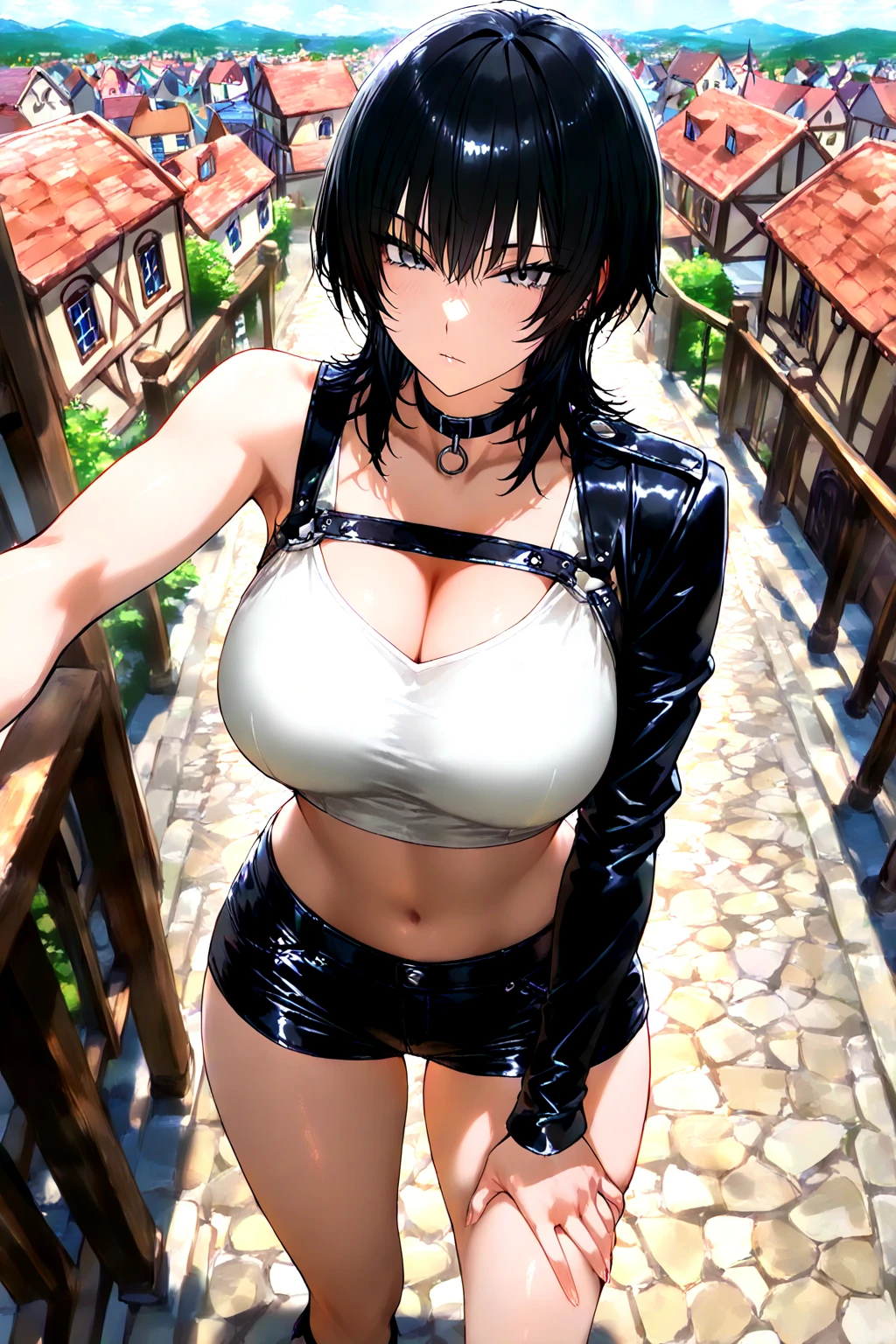 (score_9)、(score_8_up)、Rating:Blatant、、source_anime、(Round Breasts:1.5)、Nipples are hidden、(Pussyがのぞいている、Pussy:1)、(Large Breasts:1.8)、(Narrow waist、Thin Hips:1.2)、(No underwear:1.3)、BlueMary、short hair、blue eyes、pants、Crop top、turtleneck、belt、necklace、Fingerless gloves、Sideboob、Torn clothes、Grin、Big Mouth、