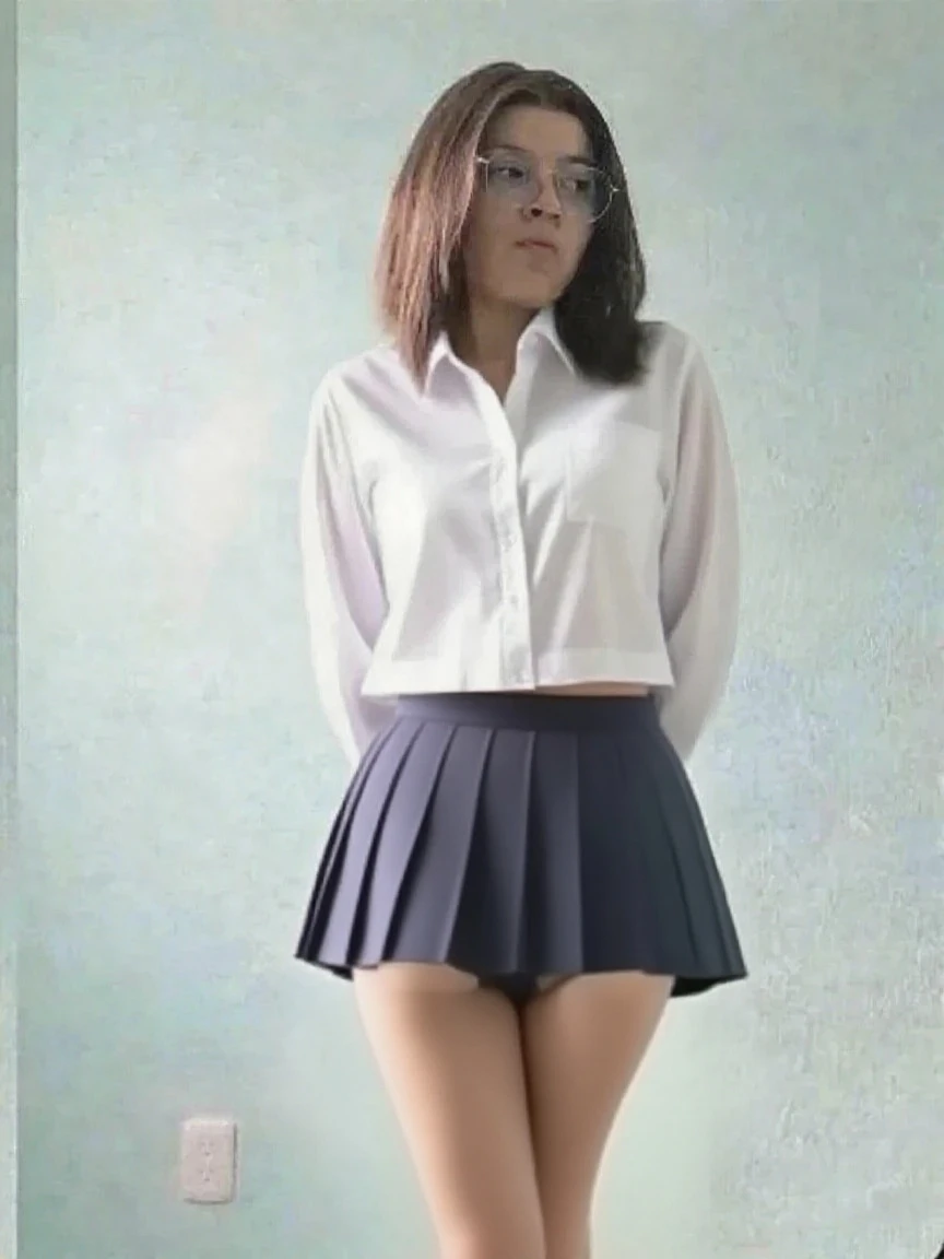 Beautiful picture, detailed, childish woman, Wear a navy blue skirt, Stand with your left leg elevated., Wear black underwear, Put on socks, Wear a white shirt, Wear glasses, short hair, Asia,