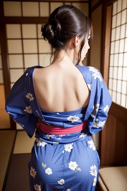 Woman with a tattoo on her back、Back view、Private room、yukata