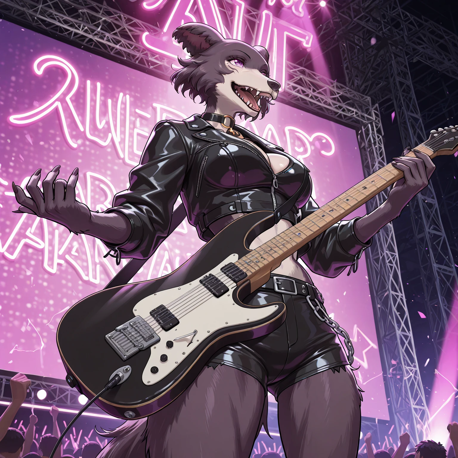 uploaded on e621, (by Wildering, by Koul, by fluff-kevlar, by aycee), solo, female wolf, wolf ears, neck tuft, hip tuft, leg tuft, wolf tail, ((black sclera, purple eyes)), ((rockstar outfit)), ((portrait)), (masterpiece), (best quality), (anthro furry:1.3, snout:1.2, anthro:1.3, furry:1.2, solo female:1.2), (hourglass figure, curvy figure), (wide hips), (thick thighs), ((huge breasts)), (suggestive pose), (((black stripes on body, grey fur))) BREAK (((white punk hair))), (concert stage background, depth of field, ambient light on the body), (intricate:0.7), (high detail:1.3), (unreal engine:1.3), (sharp focus:1.15), (masterpiece, best quality, 4k, 2k, shaded, absurd res), ((cleavage overflow)), ((leather spiked collar)), ((holding electric guitar)), ((long tongue out))