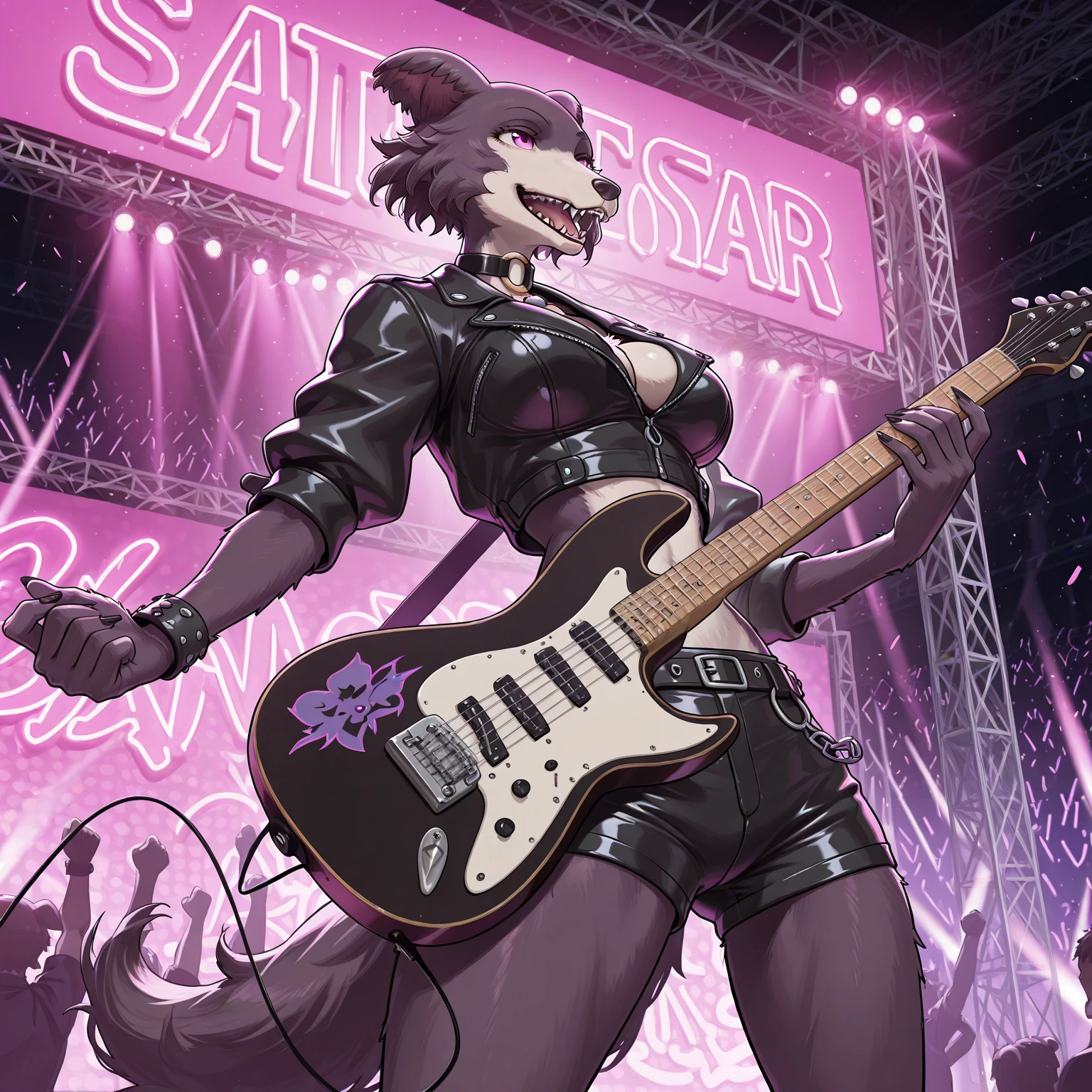 uploaded on e621, (by Wildering, by Koul, by fluff-kevlar, by aycee), solo, female wolf, wolf ears, neck tuft, hip tuft, leg tuft, wolf tail, ((black sclera, purple eyes)), ((rockstar outfit)), ((portrait)), (masterpiece), (best quality), (anthro furry:1.3, snout:1.2, anthro:1.3, furry:1.2, solo female:1.2), (hourglass figure, curvy figure), (wide hips), (thick thighs), ((huge breasts)), (suggestive pose), (((black stripes on body, grey fur))) BREAK (((white punk hair))), (concert stage background, depth of field, ambient light on the body), (intricate:0.7), (high detail:1.3), (unreal engine:1.3), (sharp focus:1.15), (masterpiece, best quality, 4k, 2k, shaded, absurd res), ((cleavage overflow)), ((leather spiked collar)), ((holding electric guitar)), ((singing)), ((low-angle view))