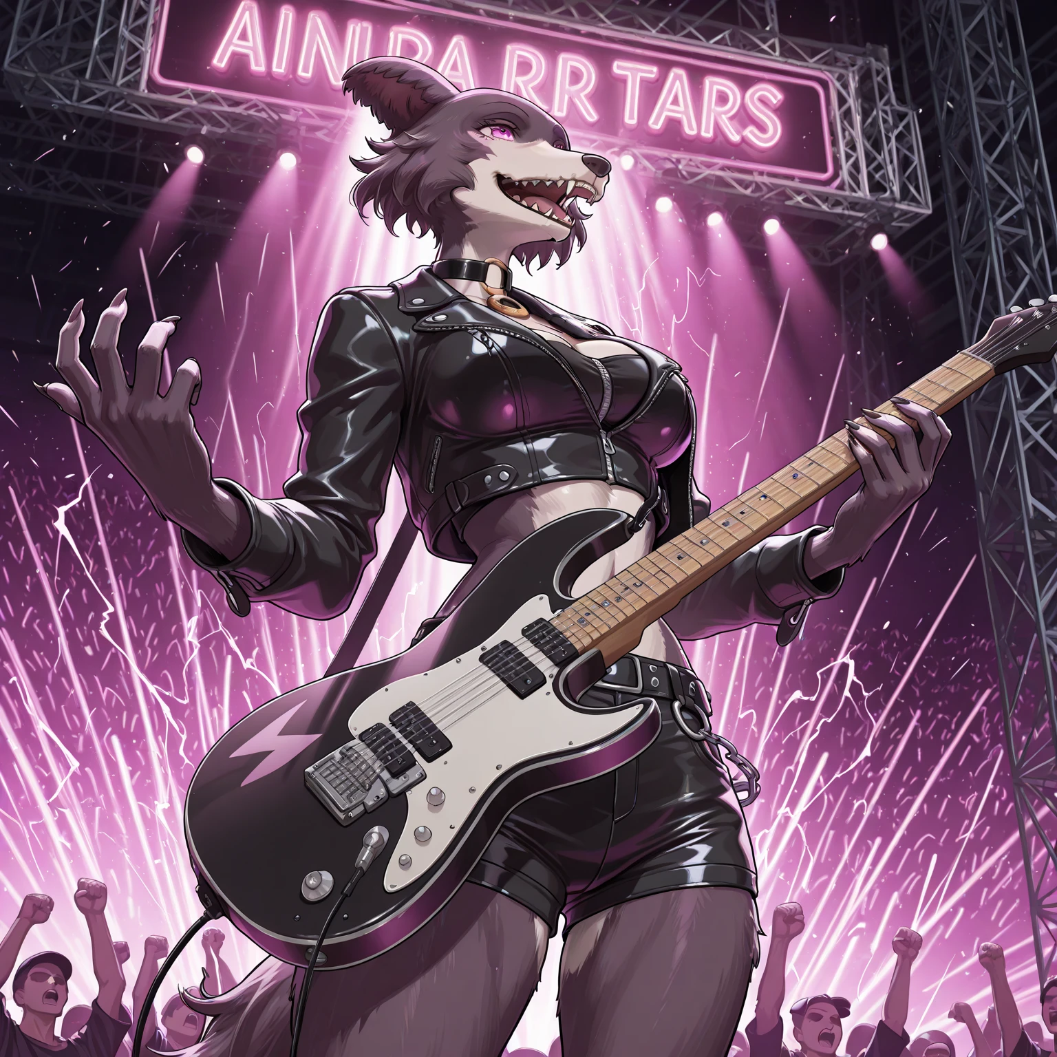 uploaded on e621, (by Wildering, by Koul, by fluff-kevlar, by aycee), solo, female wolf, wolf ears, neck tuft, hip tuft, leg tuft, wolf tail, ((black sclera, purple eyes)), ((rockstar outfit)), ((portrait)), (masterpiece), (best quality), (anthro furry:1.3, snout:1.2, anthro:1.3, furry:1.2, solo female:1.2), (hourglass figure, curvy figure), (wide hips), (thick thighs), ((huge breasts)), (suggestive pose), (((black stripes on body, grey fur))) BREAK (((white punk hair))), (concert stage background, depth of field, ambient light on the body), (intricate:0.7), (high detail:1.3), (unreal engine:1.3), (sharp focus:1.15), (masterpiece, best quality, 4k, 2k, shaded, absurd res), ((cleavage overflow)), ((leather spiked collar)), ((holding electric guitar)), ((long tongue out))
