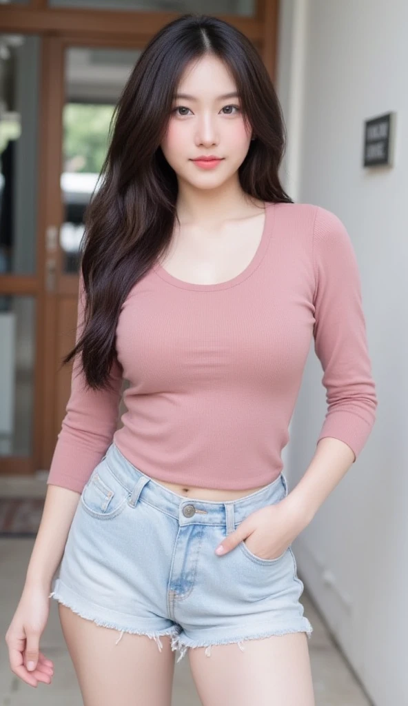 A very beautiful and sparkling cute goddess,Ample Bust,smile, High resolution, Highest quality, High detail, Gray blouse,Red Pants、Window Closet,Long Hair, (Red-brown),