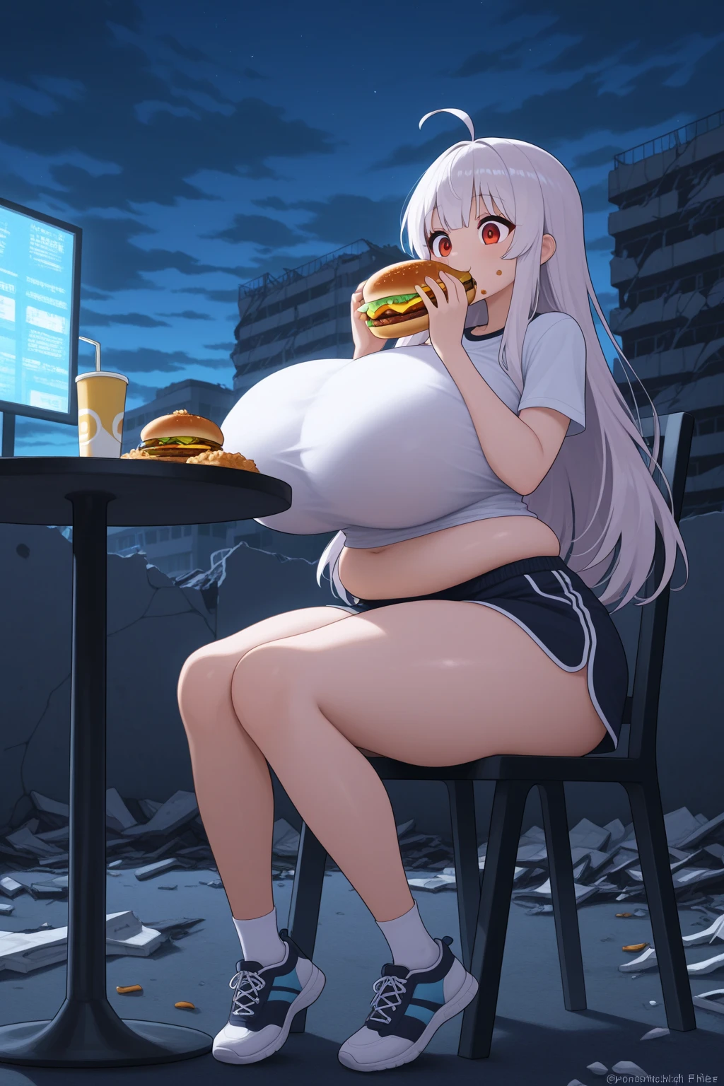 Erotic Anime Illustration、highest quality、Sex Appeal、Tokyo's Main Street、A wall covered in graffiti paint、Splatoon、A plump gal eating a hamburger at a food stall、Perfect proportions、Very large breasts、Fatty legs、Spread your legs、Beautiful, shining eyes、Sweaty、Cowboy Shot、Shibuya Rin