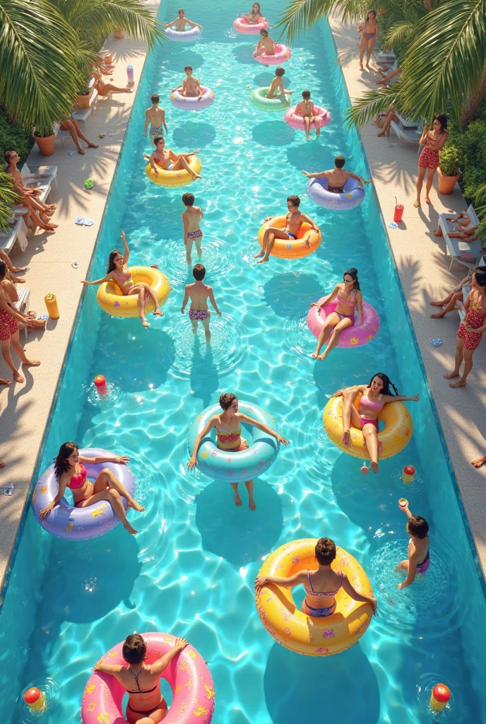 a lively pool party, people enjoying a pool party, people swimming in a pool, people relaxing by the pool, people sunbathing by the pool, people drinking cocktails, people dancing, colorful umbrellas, inflatable pool floats, people wearing swimsuits, people splashing in the water, people socializing, high energy atmosphere, warm summer day, blue sky, vibrant colors, beautiful pool setting, detailed facial features, dynamic poses, masterpiece, (best quality,4k,8k,highres,masterpiece:1.2),ultra-detailed,(realistic,photorealistic,photo-realistic:1.37),HDR,studio lighting,vivid colors,bokeh