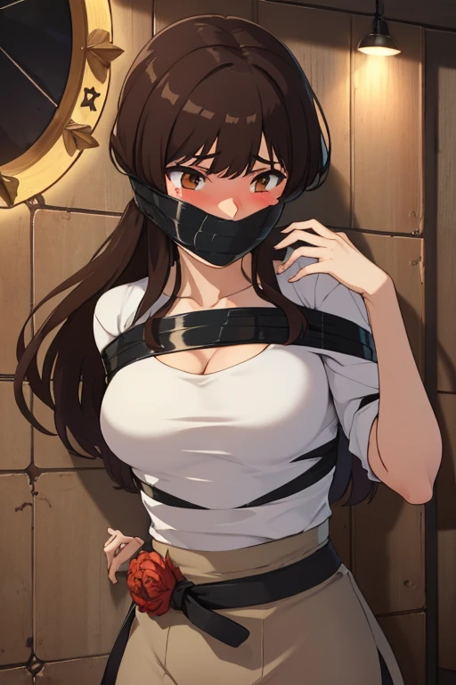(masterpiece), highest quality, Expressive eyes, High resolution, Perfect Eyes, Perfect Face, Perfect hands, One girl, spirit, Twelve Zodiac Signs, Shirt draped over one shoulder, Brown Bikini, Long sleeve, necklace, Long brown hair, Urban Background, head band, Brown eyes, Brown Skirt, Small Bust, ring, bracelet, Charismatic, Crazy Face, Crazy Eyes, Crazy Smile, Perfect Anatomy, Half Body, lOne girl, alone, Brown shirt, Golden text, Graphic T-shirts, bracelet, ring, necklace, jewelry, Arm Sleeves, Fingerless gloves, Manipulative, Gaslighting, Friendly, bound, bondage, (Put your arms behind your back:1.4), BDSM, Tape gag, tape bondage, bondage, Tape your wrist, Taped chest, Plug your mouth with tape, stand up,
