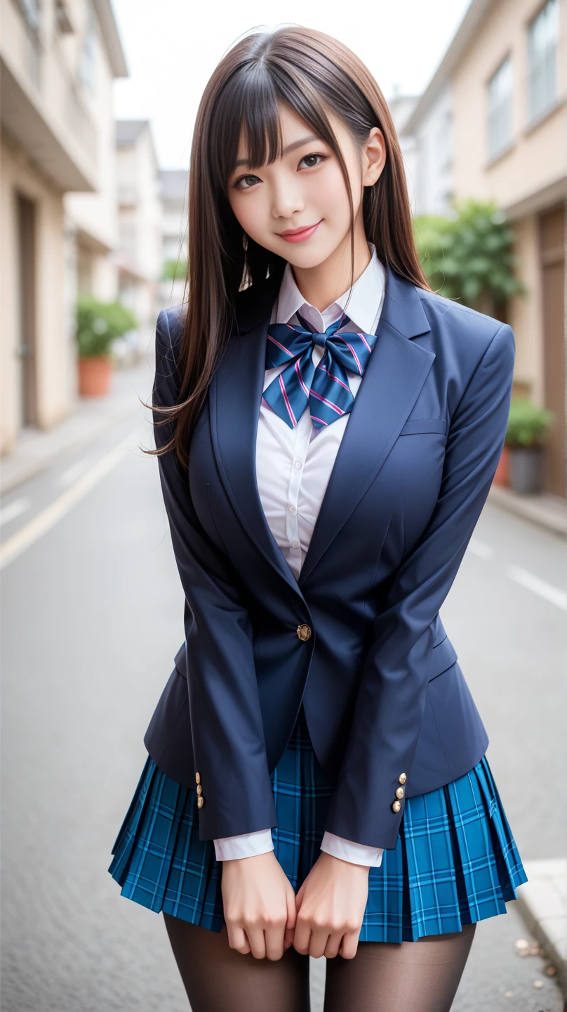 Ultra-high resolution，RAW Photos，Highly detailed skin and face，Highly detailed hair texture，Fine skin，Highly detailed eyes，Highly detailed lips，(((Riding a bicycle)))，Japanese girl，18-year-old，((Raise one leg))，(Blue Blazer Uniform+Blue pleated mini skirt+White thigh-high stockings+White shirt），Sexy panties visible，(((Panty shot)))，Quite large breastodel Body Type，Perfect proportions，Looking shyly at the camera，A kind smile，Heal facial expressions，cute，Beautiful girl with a neat face，High-quality portraits，Professional Lighting，16K quality