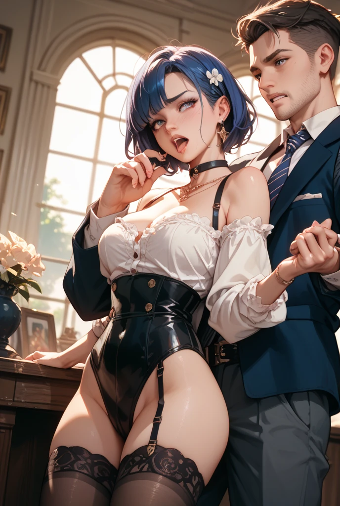 (1 woman,1boy),(A young boy standing in front of a woman),((maid:1.1)),(((A boy grabs a woman's butt:1.0))),{open leg:1.2},((panty shot,garter belt)),(gray hair,red eyes),(Latex clothing),(at church),(((mature woman:1.1))),(embarrassing,blush:1.3),(intense orgasm:1.3),(tears:1.1),(lace panties:1.1),(huge breasts:1.0),(Breasts spilling out of a white bra:1.1),(look away:1.3),(Squint eyes:1.3),(Gray costume),(Long Sleeve Costume),(((button-down:1.1))),masterpiece,highest quality,dynamic angle, ((perfect hands)), detailed shiny skin, thin hair, fine eyes), amazing background, meaningful background, absurd background, artistic overlay, The style is surrealism, cinematic lighting, ray tracing,sacred light, perspective