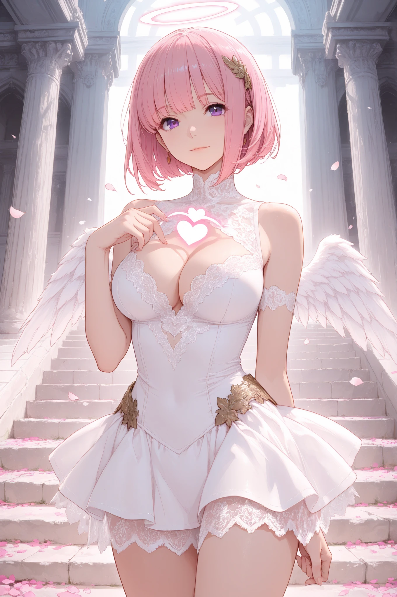 (masterpiece, Highest quality:1.3), (Very detailed:1.2), (hyperRealistic:1.3), (RAW Photos:1.2), High resolution raw color photos, Professional photos, (PhotoRealistic:1.4), (Realistic:1.4), (Pink Hair:1.5), Professional Lighting, Perfect Anatomy, (Big Breasts:1.2), (blush, Detailed face), (smile:1.7), sexy, erotic sexy, ランダムなsexyなグラビアポーズ, (An angel in a white gold off-the-shoulder sundress、so beautiful、Flowers in full bloom畑、Wearing a flower crown and smiling gracefully、The background is Notre Dame Cathedral、Flowers in full bloom々、Shining starry sky、Pearl Earrings、Pose picking flowers。:1.3)、Archangel Raphael、It has two large white wings on its back....、She looks like an angel.、Taking the form of an archangel、holding a pink rose in hand、I have an angel's halo around my head