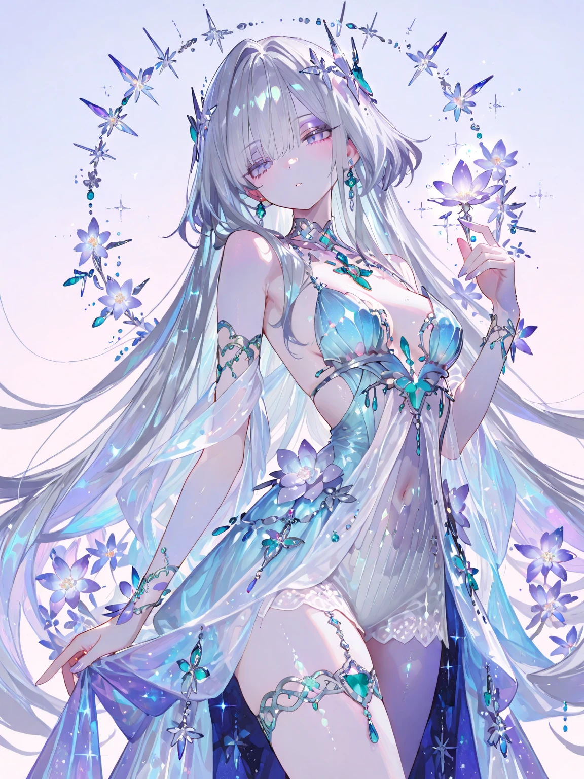 (highest quality)、best quality、Realistic modeling、vivid、front center、(Inside a colorful glass ball、dazzling sun　Strongly luminous)、Beautiful girl behind、(silver hair、jade eyes、white fluffy dress、Wrapping up)art style,Dark Universe
