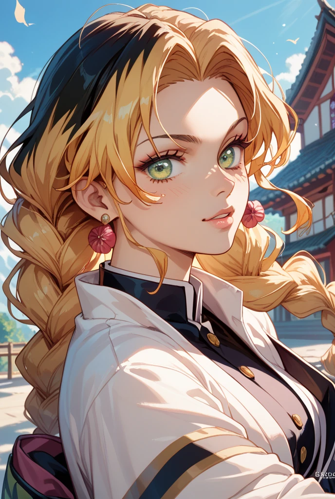 masterpiece, ((super detailed background, delicate pattern, intricate details)), (very detailed, Quality with attention to detail,beautiful light nidium chest, slim girl, very slim girl))), (cowboy shot),  Yamato V2, long hair, 1 girl, horn, gray hair, alone, They are, red horn, curled horn, hair ornaments, (multicolored horn), jewelry, earrings, kimono, kimono, Hairpin, No sleeve,  shoulders, aqua hair, side lock, hoop earrings, Similarly, smile, wide smile, ((orange eyes)), intricate detailsな背景, outside, natural environment, rock, Sunny, blue null, null,