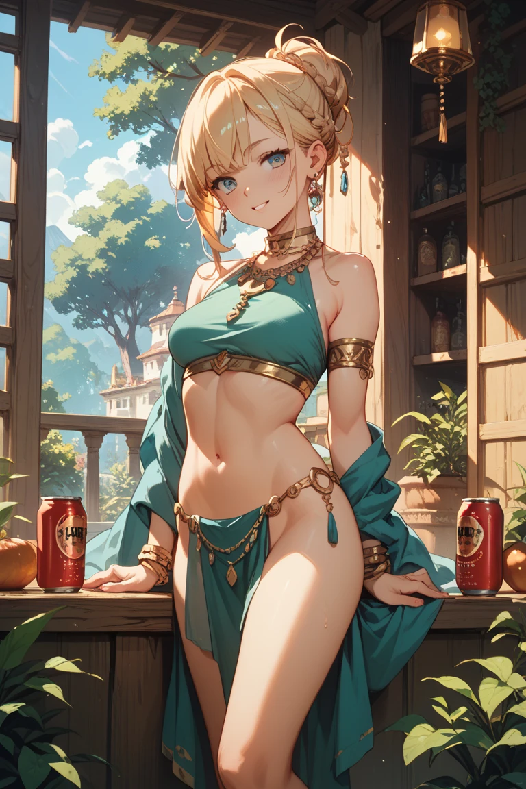 (masterpiece:1.2), (best quality:1.2), perfect eyes, perfect face, perfect lighting, 1girl, mature female dancing in a medieval tavern, (blonde hair | blonde hair), arms up, smiling, sweat, dancer, silk, harem outfit, mouth veil, jewelry, chains, see-through, thick eyelashes, makeup, eyeshadow, fantasy, detailed background