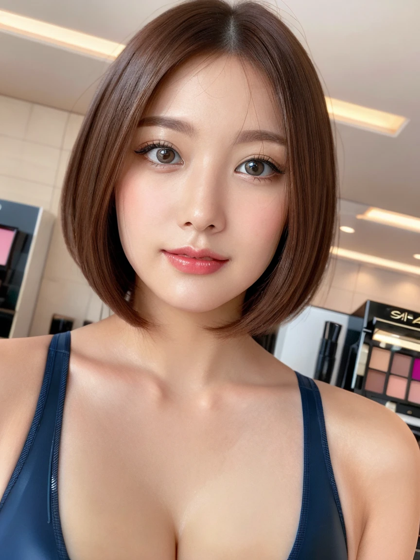 (realisitic、hight resolution:1.3)、1 girl with a perfect figure、Super thin face and eyes、shorth hair、Tank Tops:1 in random color.2、Short jeans、in a cafe、coffee on table、Colossal 、Exposed cleavage
