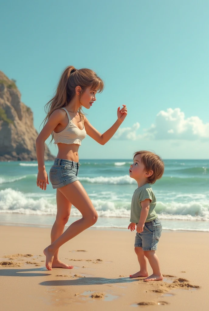 13-year-old boy lifts a beautiful blonde woman on his shoulders