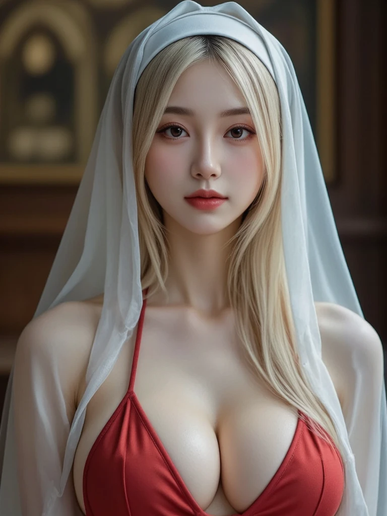 (((very heavy chest))),NSFW, 16k raw photos, highest quality, masterpiece, ultra high resolution, ((A revealing white tank top)).movie, 1 girl,((Attractive expression)),eyes shine、 looking at the viewer, 自然な肌の質感very heavy chest))),((( Metallic red ribbon around the neck))).star handle mold、((yellow eyes)),Realistic eye and face details, lip whole, lipstick makeup), long straight hairの髪, laughter, 美feet, tall woman, ((glowing skin)),((美しいarmpit)), slim_feet, huge breasts, cleavage、(detailed background,highly exposed, huge breasts, blurred background,, JK ribbon at the neck, bracelet, water, bangs, split your lips、armpit、beautiful hip line、glowing skin、(((eyes shine brightly))),lotion skin、High leg、((blonde)),highly exposed、Beautiful flower photography studio background、wind effect、detailed lace veil、((Extremely small tank top)),open the thighs,long straight hair、braid one's hair、professional lighting、