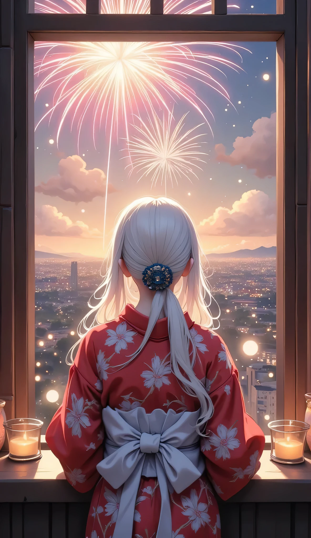 Scenery Seen Through a Window,Windowside where you can see beautiful fireworks,Woman in yukata,high quality realistic 3d rendering,precise texture,Sparkling night view,Deep Colors,sophisticated composition,Charming Atmosphere,Delicate Details,Exquisite Bokeh ,Masterpiece,City