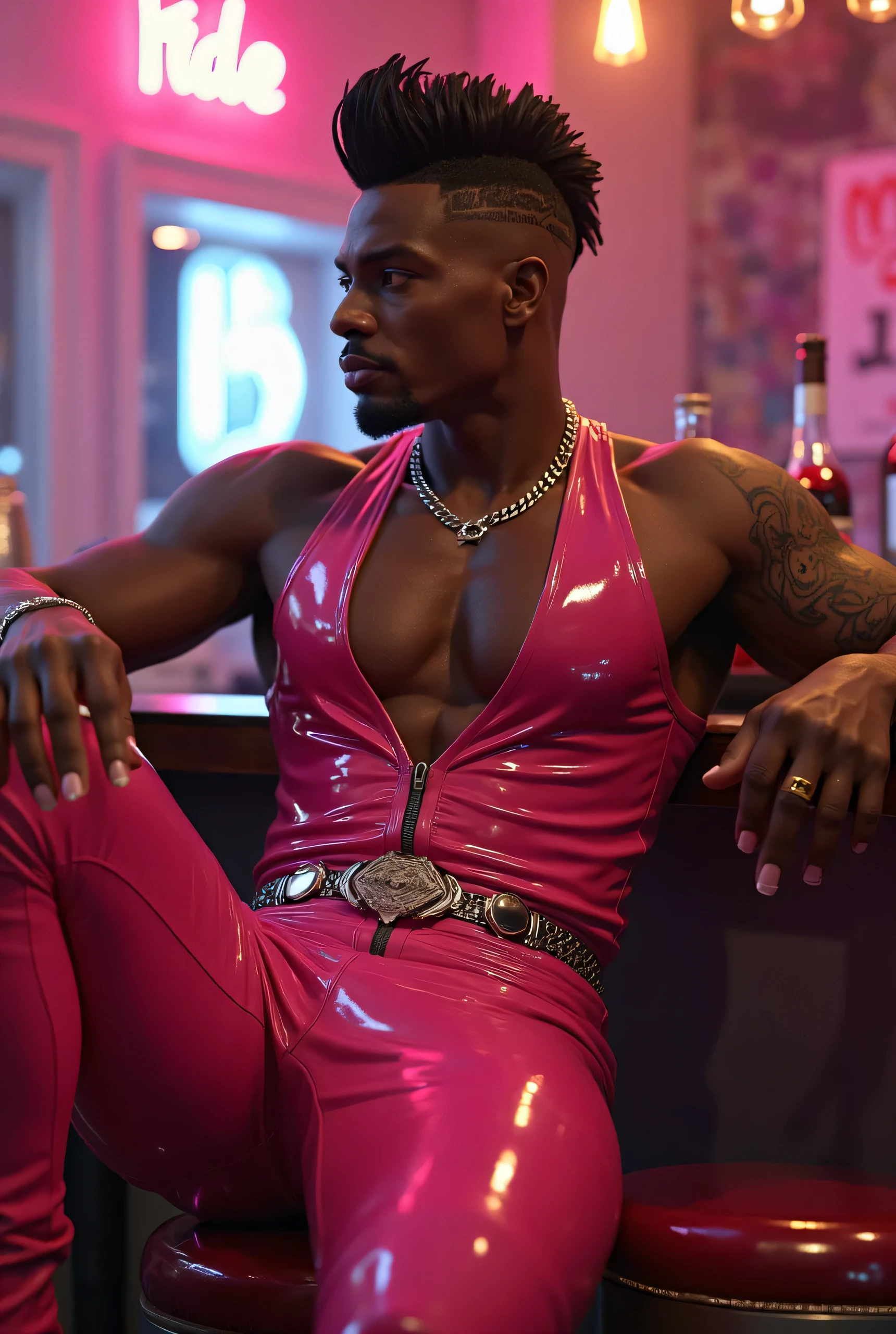 A feminine cheap trashy street gay male prostitute at a classy high end expensive hotel (how did this whore get in?)  He wears a small, sexy, shinny pink men's thong which has only thin pink strings to hold it around his waist.  BIG BULGE.  fix his eyes