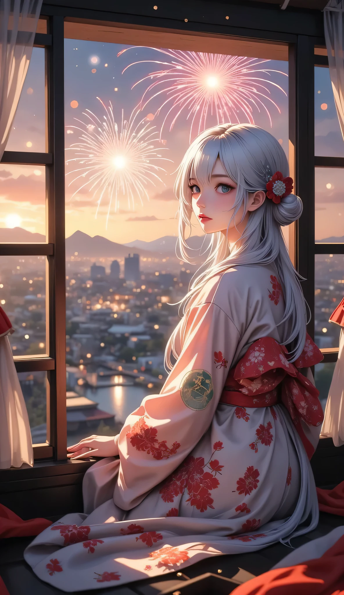 Scenery Seen Through a Window,Windowside where you can see beautiful fireworks,Woman in yukata,high quality realistic 3d rendering,precise texture,Sparkling night view,Deep Colors,sophisticated composition,Charming Atmosphere,Delicate Details,Exquisite Bokeh ,Masterpiece,City
