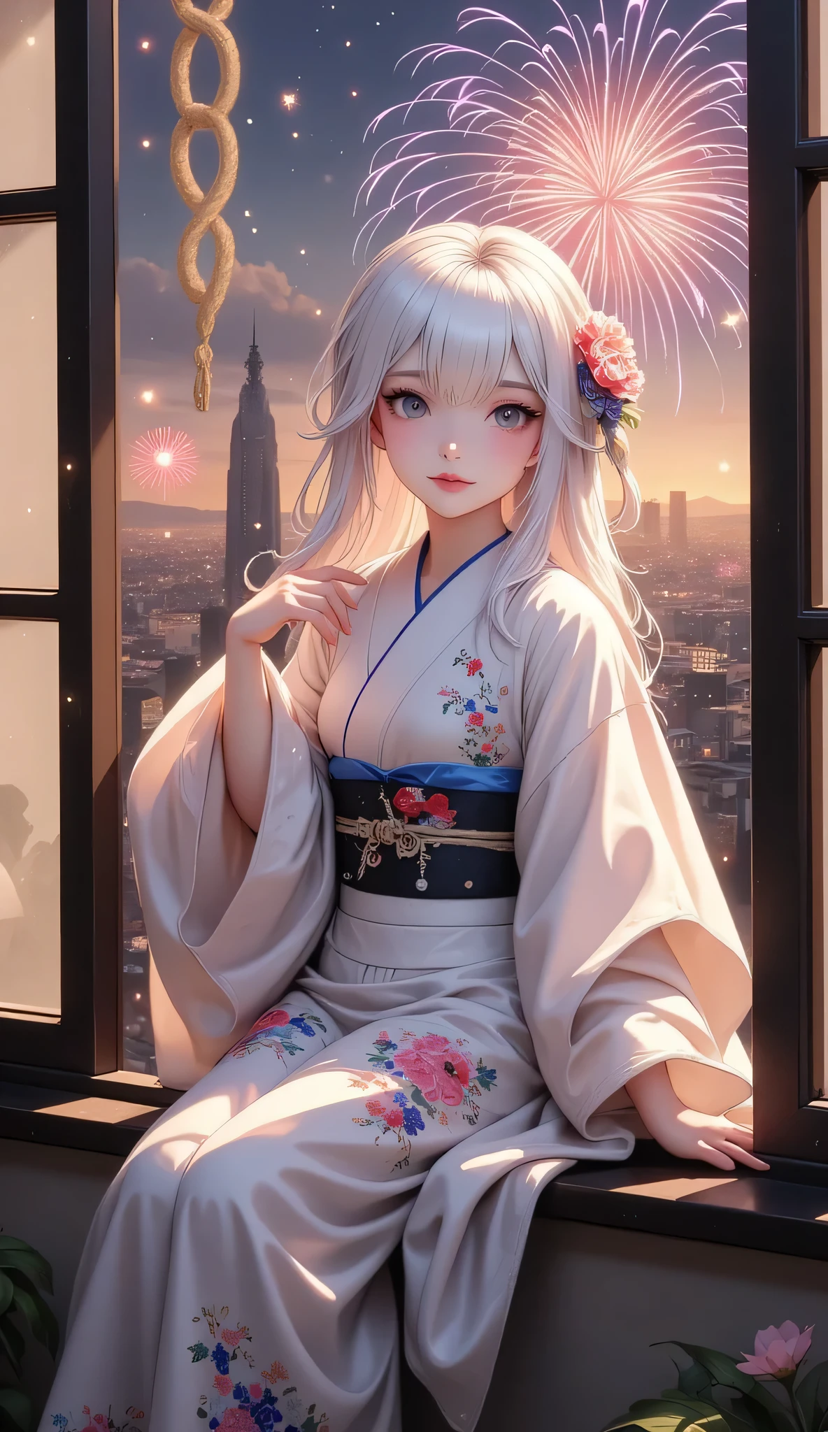 Scenery Seen Through a Window,Windowside where you can see beautiful fireworks,Woman in yukata,high quality realistic 3d rendering,precise texture,Sparkling night view,Deep Colors,sophisticated composition,Charming Atmosphere,Delicate Details,Exquisite Bokeh ,Masterpiece,City