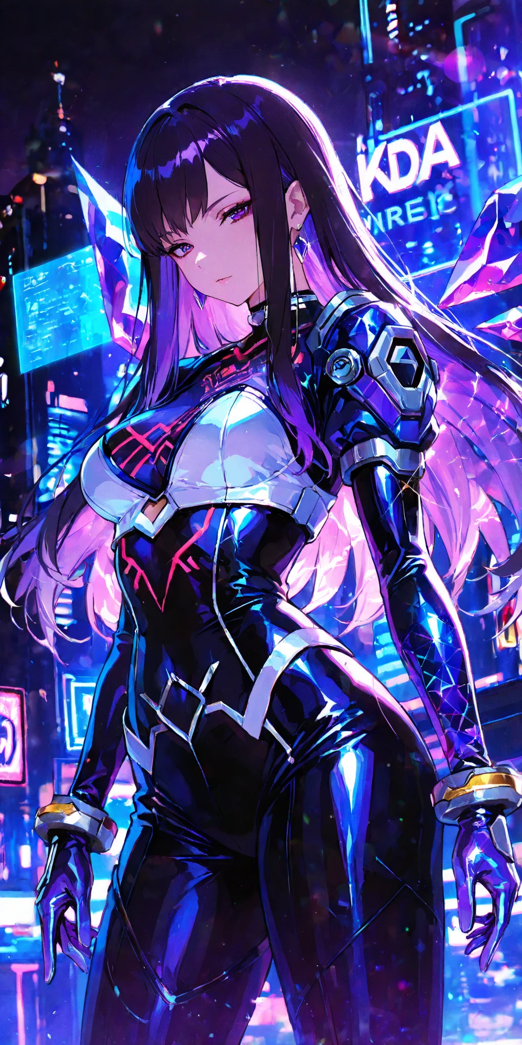 The most beautiful and sexy cyberpunk girl, purple hair, yellow eyes, wearing highly detailed futuristic battle armor, futuristic mechanical angel wings,  huge gigantic tits, cleavage showing, tons of tattoos and piercings, cherry blossoms blowing in the wind, highly detailed background, perfect masterpiece, high quality, high resolution