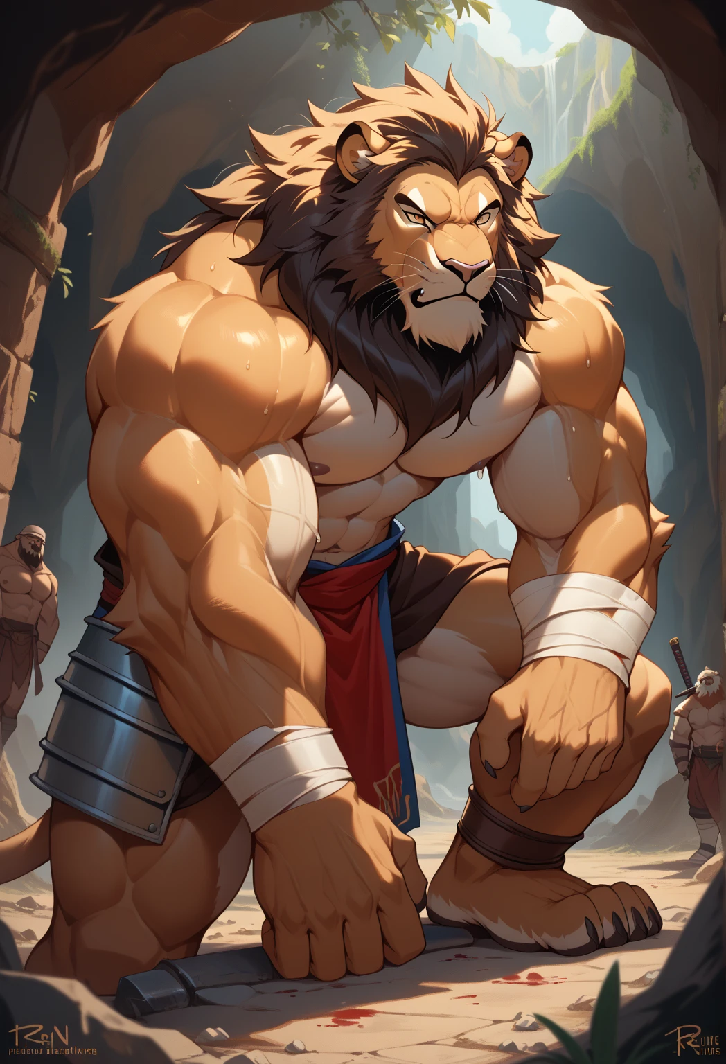 Just a muscular furry lion man naked without clothes with fur of darker brown colors than that of a normal lion, which on the chest and nose is a darker beige color, y ojos con iris verde con una pupila oscura, en la sabana, fondo de sabana