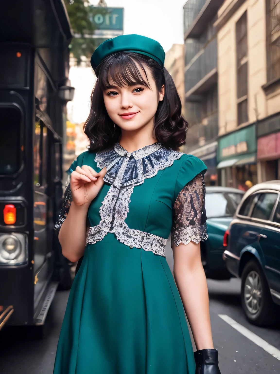 1930s, full colored picture, a mischievous pin-up girl vibe, giving a cute, squinty smile, elegant pinup girl in silk bias-cut midi dress, soft finger waves hairstyle, delicate geometric Art Deco patterns, long gloves and cloche hat, showing off her elegant lacy panties, moametal
dancing on an Art Deco city street with vintage automobiles and theater marquees, soft diffused lighting, 
