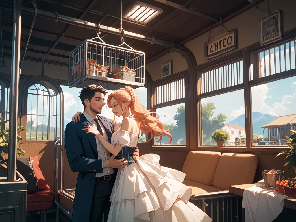 A couple is sitting side by side on a luxury plane, with formal attire and elegant accessories. The man is holding a glass of red wine, while the woman is reading a book with a smile on her lips. The cabin light is soft and diffuse, illuminating their faces and highlighting their striking features. Behind them, through the window, it is possible to see a spectacular landscape of orange and pink clouds, creating a scenery as wonderful as the couple themselves.