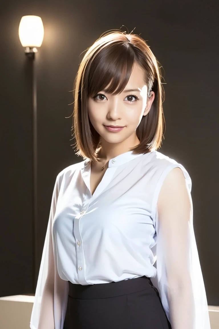Beautiful Japanese/Ukrainian mixed race woman,(Best image quality, 4K, high quality, masterpiece:1.2), ((masterpiece)), High detail, high quality, (High resolution,16k, RAW Beautiful Girl Portrait, Best image quality, masterpiece:1.2), (Ultra high definition illustration), ((office, Sleeveless tight sexy business shirt)), so beautiful, (40 years old:1.4), 