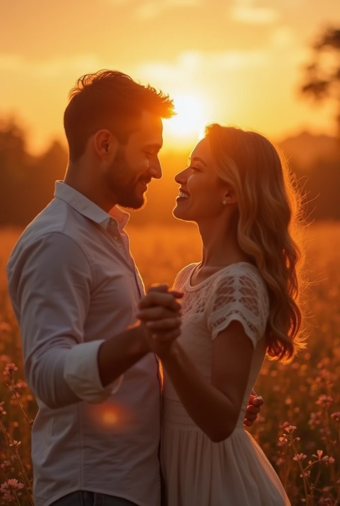 A couple in a romantic setting, natural lighting, soft focus, dreamy atmosphere, happy expressions, intimate embrace, beautiful sunset, cozy outdoor location, genuine smiles, love and happiness, candid moment, vibrant colors, film-like aesthetic, heartwarming scene, perfect composition, genuine connection, joyful laughter, romantic gestures, timeless memory, professional photography, genuine happiness, cherished moment, love in the air, genuine affection, natural poses, stunning background, mesmerizing scenery, true love, forever together, picturesque setting, admirable chemistry, magical ambience, tender kiss, passion and romance, beautiful memories, cinematic quality, breathtaking beauty, irreplaceable bond, happily ever after. (best quality, highres, masterpiece:1.2), ultra-detailed, (realistic:1.37), vibrant colors, romantic lighting