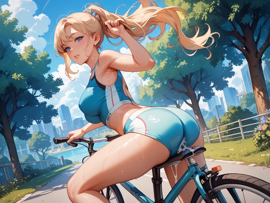 KANZAKIMIKOTO, BLONDE HAIR, ponytail, HAIR INTAKES, parted bangs, long hair, green eyes, mole under eye, 15years old,, large breasts,, Riding a bike through the sky, solo nsfw naked early morning