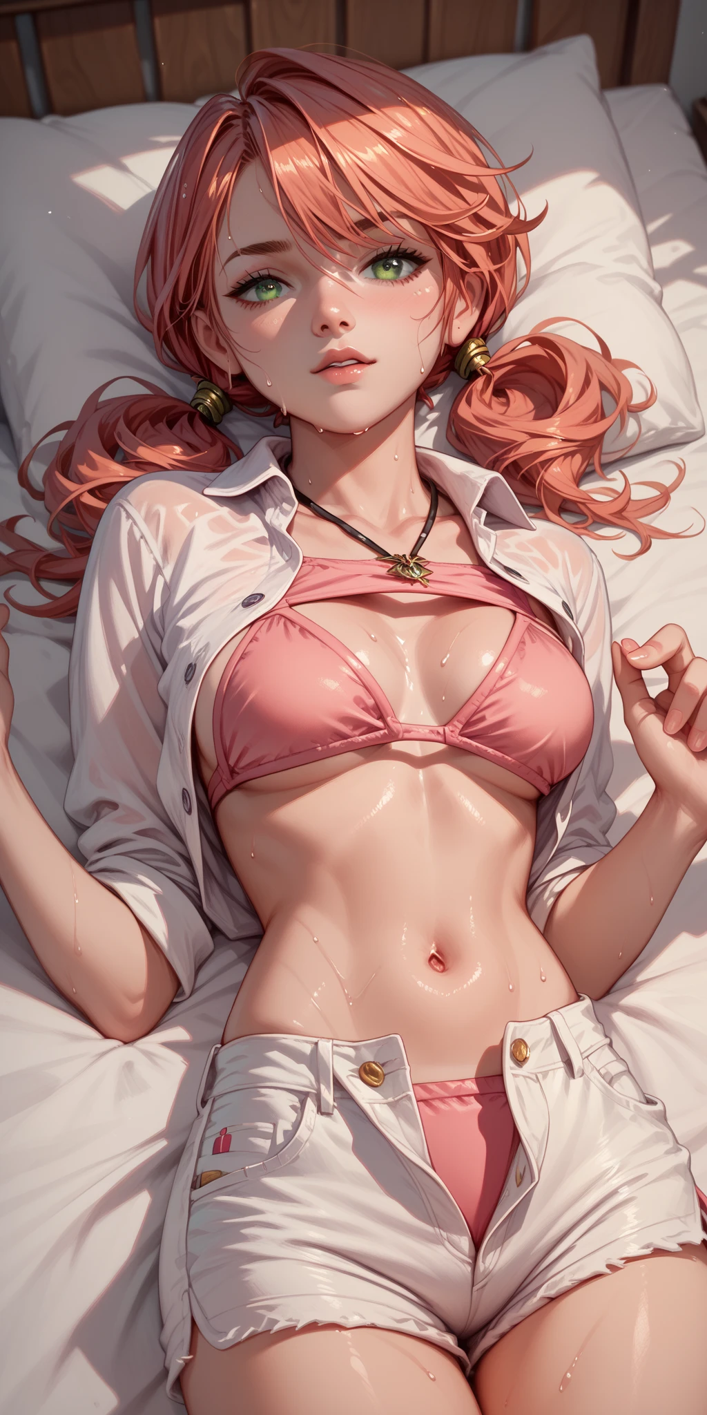 on bed, lying on bed sexy, (white bikini:1.5), (((luminous background))), (Masterpiece, Excellent, 1girl, solo, complex details, color difference), realism, ((medium breath)), off-the-shoulders, big breasts, sexy, Yae Miko, long pink hair, red headdress, red highlight, hair above one eye, green eyes, earrings, sharp eyes, perfectly symmetrical figure, choker, neon shirt, open jacket, turtleneck sweater, graffiti, dim lighting, alley, looking at the audience, ((mean, seductive, charming)), (dynamic pose), tulle, bare shoulders, blooming flower fields, radiant skin, faint smile, sexy, bust, no breast cover, naked, cocked ass, tummy look