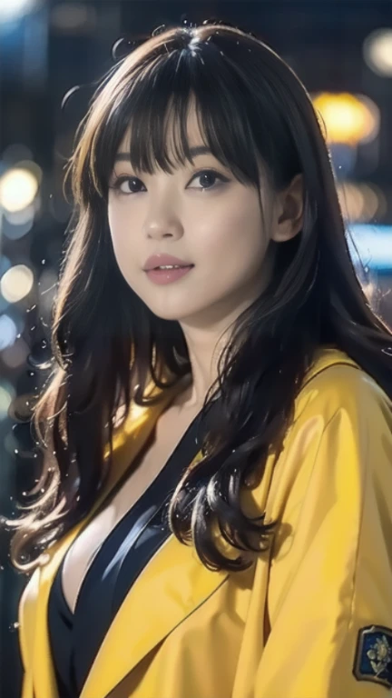 a woman covered in intricate white cybernetics, blue led lights, battle suit, cleavage, high tech, ultra high def, 32k, (Bikini Cyborg robot parts), (detailed:1.4), cyberpunk city background, rainy street, beautiful face, golden long hair, professional lighting, masterpiece, very delicate and beautiful, professional photograph, (smiling:0.5)