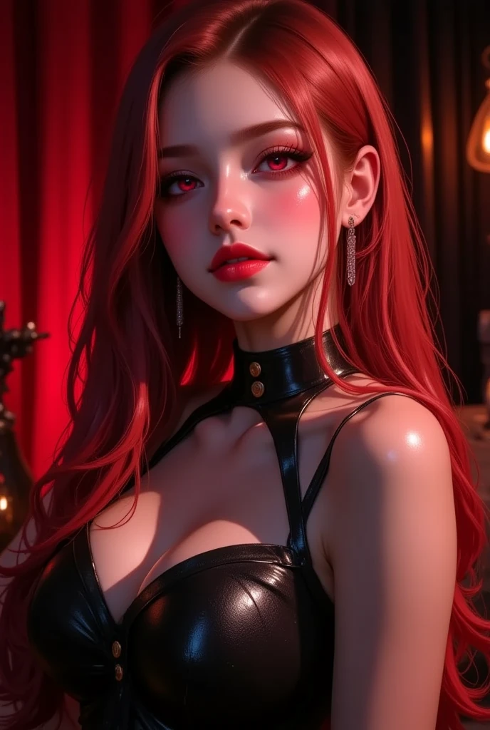8k, masterpiece, best quality, photorealistic, raw photo, ultra high definition, 1 woman, very pale skin, bright green eyes, bright red lip stick, exposed cleavage, exposed breasts, ninja outfit, black choker, very long messy red hair, facing towards camera, looking directly at viewer, night time, medieval city street background, torchlight