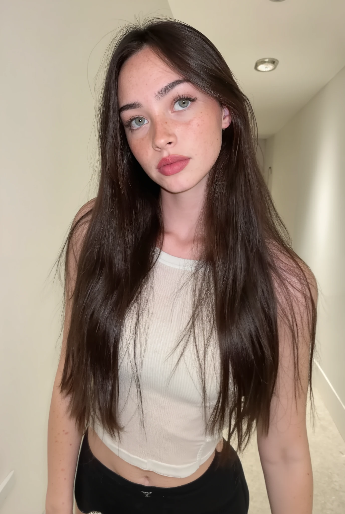 Realistic photo of a young woman with long brown hair wearing a white top and black leggings. Close-up photo showing details of skin and face. The woman is standing in a hallway lit with artificial light. She is leaning against a white wall