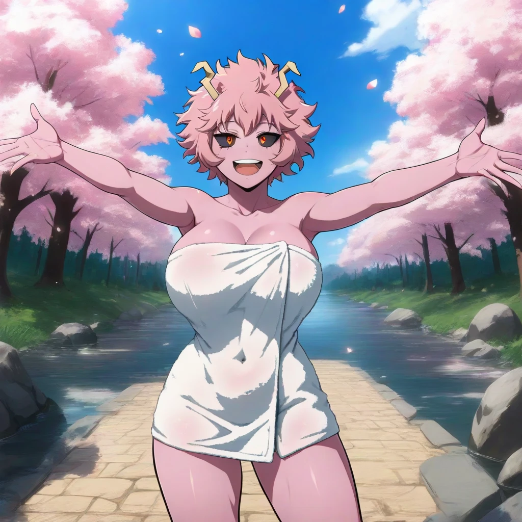 [mina ashido], (Bedroom), [Boku no hero academia], ((solo portrait)), ((bedroom)), ((High definition)), ((anime)), ((Kohei Horikoshi)), ((beautiful render art)), ((detailed shading)), ((cel shading)), ((intricate details)), {mina ashido; (pink skin), (curly yellow horns), long eyelashes, eyes closed, curly pink hair, short eyelashes, very large boobs, (beautiful slightly muscular legs), (excited smile), (white teeth), (blushing)}, {(bikini), (yellow sleeveless jacket), (fluffy collar)}, {(dynamic pose), (looking at viewer)}, [Background; (city), (blue sky), (sun rays)]