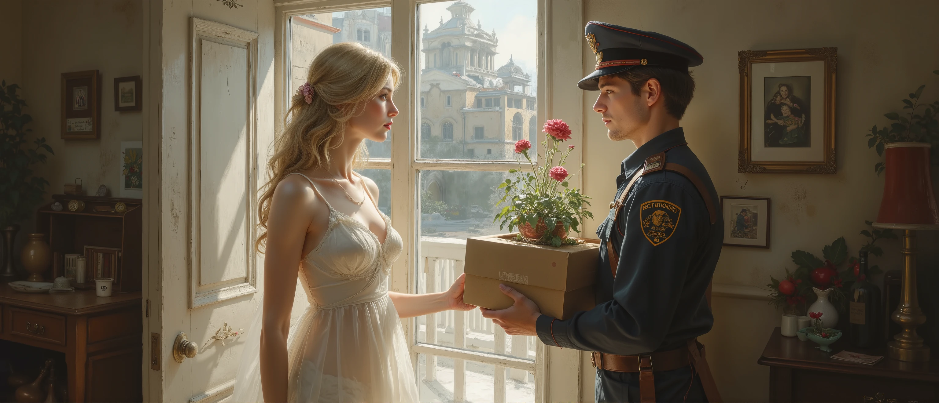 epic oil painting. quality 16 thousand, correct gravity, A blonde in a white nightgown that is transparent in the sun opens the door to a young and handsome postman who brought a box with a gift and a flower on it, high detail,
