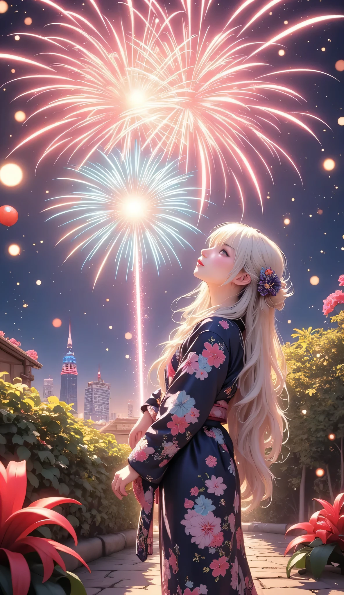 (((full body))),Scenery showing fireworks,Beautiful fireworks,Woman in yukata,(((full body))),high quality realistic 3d rendering,precise texture,Sparkling night view,Deep Colors,sophisticated composition,Charming Atmosphere,Delicate Details,Exquisite Bokeh ,Masterpiece,City