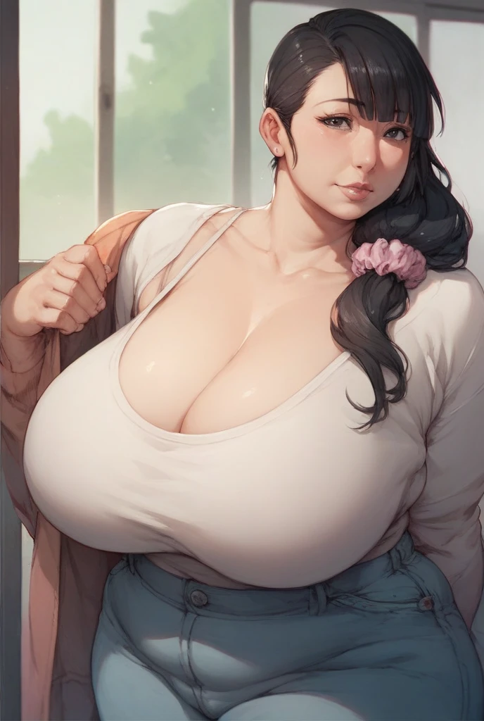 masterpiece, detailed, realistic, young teenage Scandinavian woman, beautiful face, detailed face, (gigantic breasts:2), (bursting breasts:1.5), (thin, slender:1.2), cute, innocent, shy, open smile, sunglasses, floral summer dress, cute pose, (surrounded by stunned people:1.2), braided hair