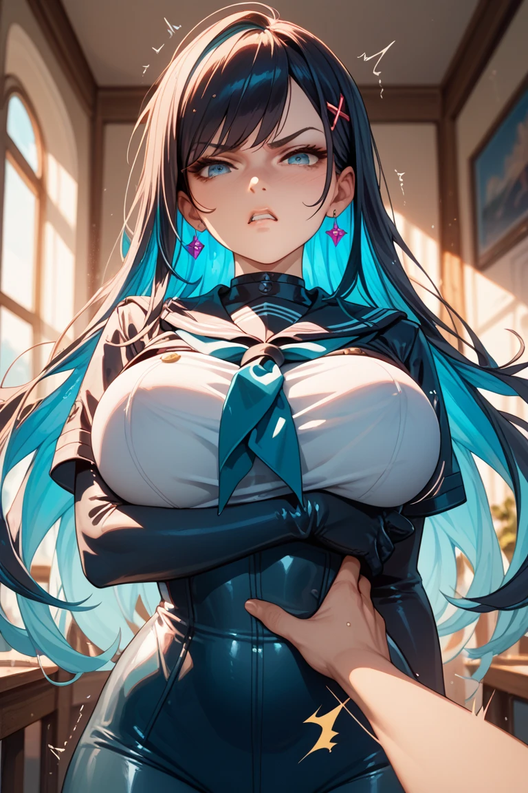 professional artwork, Intricate Details, field of view, sharp focus, detailed painting, photorealistic lighting, trending on pixiv,(masterpiece:1.0),(best_quality:1.0), ultra high res, ultra-detailed, photography, 8K, HDR, highres, absurdres:1.2, Kodak portra 400, film grain, sharp focus, bokeh:1.2, lens flare, (vibrant_color:1.2), (((indoors, dark night district))), Annerose, 1girl, female mature, black hair, long hair, (yellow eyes), large breasts, swimsuit, higheels, skin tight, hair intakes, (solo:1.4), (upper body, half body shot, covered breasts, side boobs), cheerful smile,